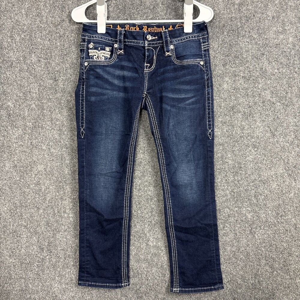 Rock Revival Jeans Womens Size 25 Blue Denim Betty Crop Rhinestone Embroidery